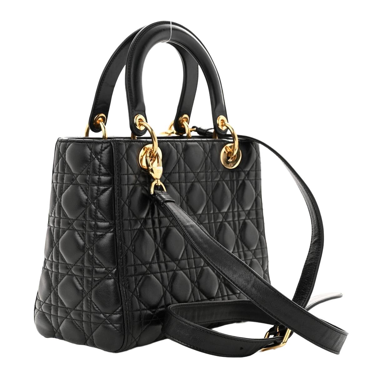 Back/side view — Dior Lady Dior Medium Bag in black lambskin cannage with gold-tone DIOR letter charms and detachable shoulder strap