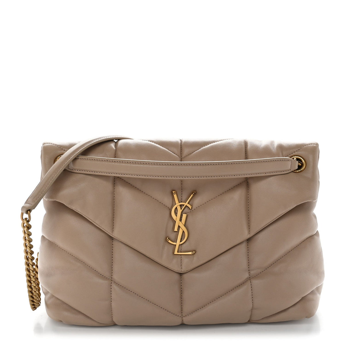 Saint Laurent Lambskin Quilted Medium Loulou Puffer Monogram Chain Satchel Dark Beige