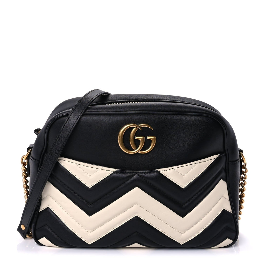 Gucci Calfskin Matelasse Medium GG Marmont Chain Shoulder Bag Black White