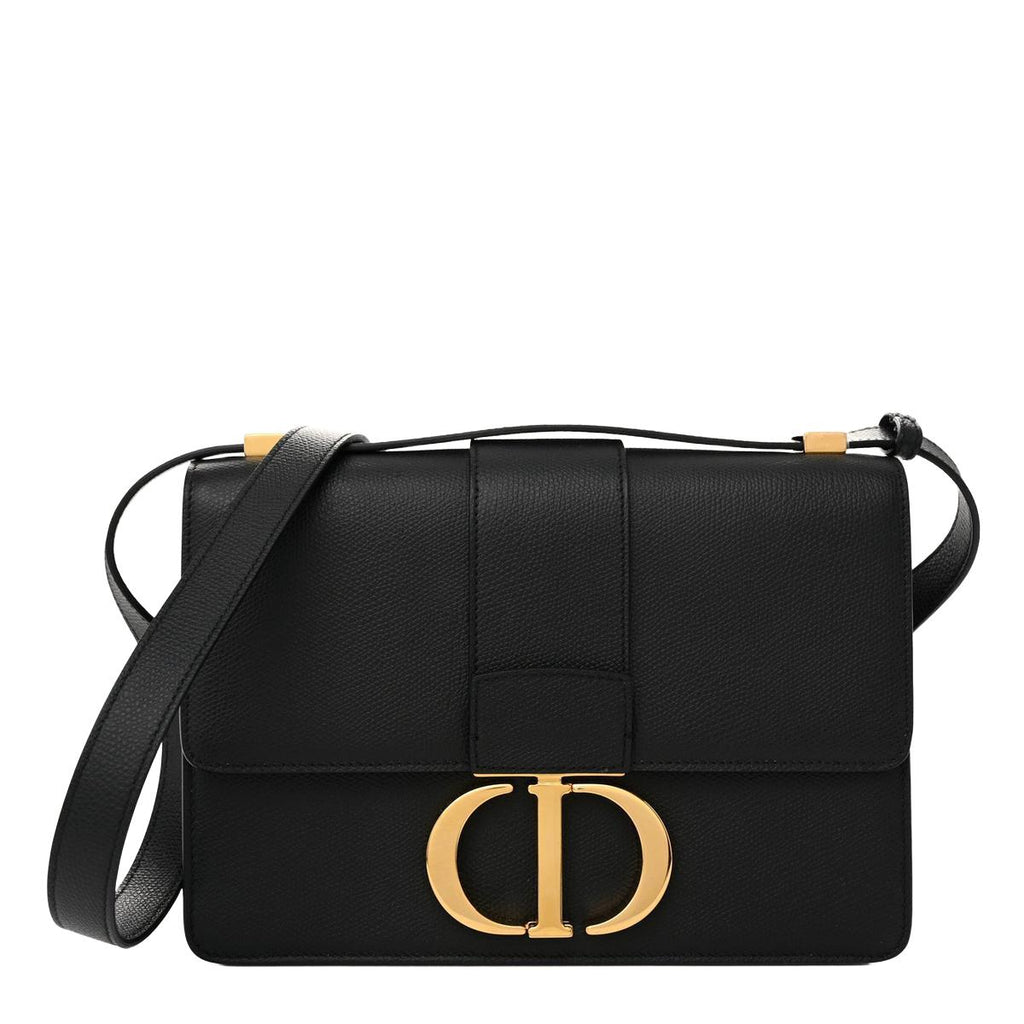 Front view — Dior 30 Montaigne Bag in black grained calfskin with gold-tone CD clasp closure and detachable leather shoulder strap
