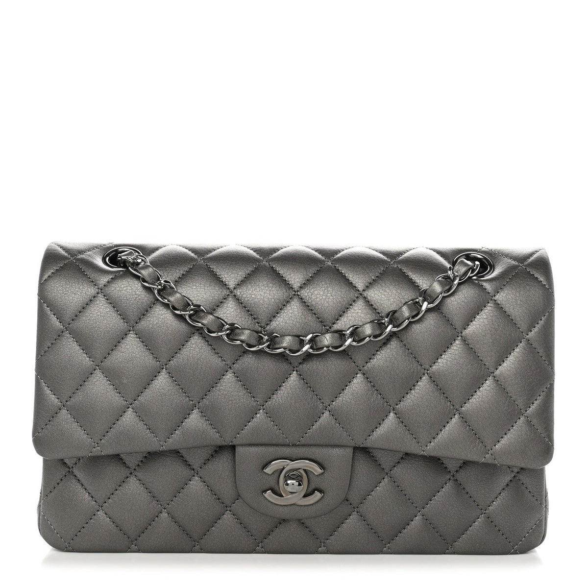 Chanel Metallic Calfskin Quilted Medium Double Flap Ruthenium Ruthenium