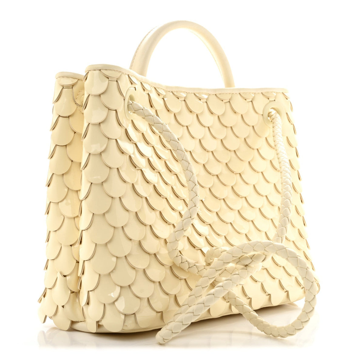 Bottega Veneta Patent Calfskin Fish Scale Small Andiamo Shoulder Bag Chamomile