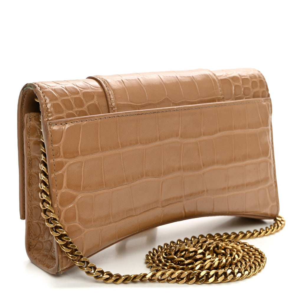 Balenciaga Shiny Calfskin Crocodile Embossed Hourglass Chain Bag Nude Beige