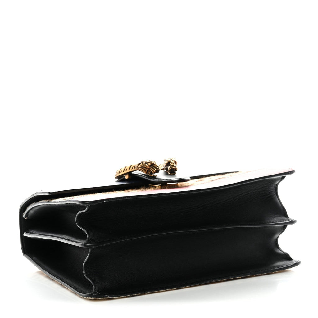 Gucci Calf Hair Calfskin Bamboo Web Leopard Print Medium Dionysus Top Handle Bag Natural Blue Agata Hibiscus Red