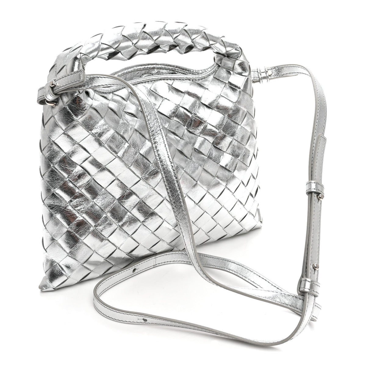 Bottega Veneta Metallic Lambskin Intrecciato Mini Hop Silver