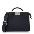 Fendi Cuoio Romano Vitello Cover Glazed Fabric Bi-Color FF 1974 Mini Peekaboo I SEE U Satchel Blue Dark Brown Tobacco Moro