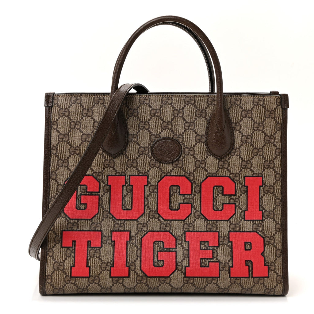 Gucci GG Supreme Monogram Textured Dollar Calfskin Web Gucci Tiger Small Retro Interlocking G Tote Bag Beige Ebony Live Red New Shamarock New Acero