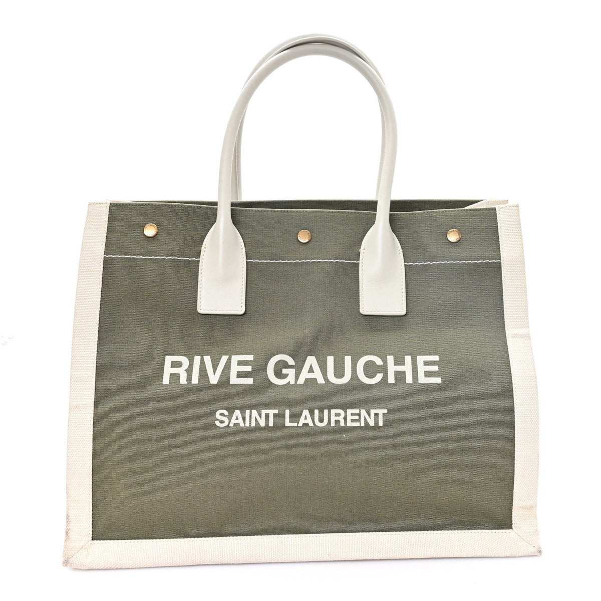Saint Laurent Linen Calfskin Small Rive Gauche Tote Military Green Blanc Vintage