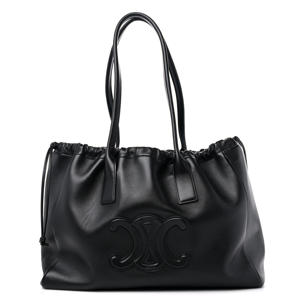 Front view — Celine Compact Tote in Cuir Triomphe black calfskin with large embossed Triomphe logo