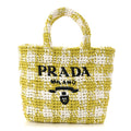 Prada Yarn Raffia Effect Crochet Embroidered Small Logo Tote Citron Yellow