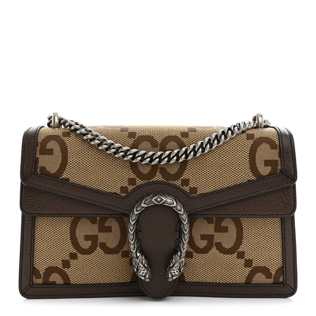 Gucci Monogram Jumbo GG Textured Dollar Calfskin Small Dionysus Shoulder Bag Camel Ebony New Acero