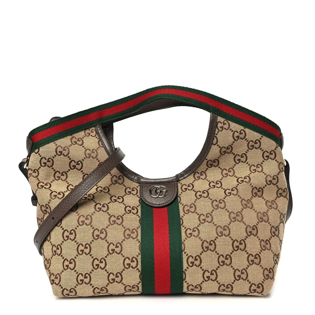 Gucci Monogram Web Small Giglio Tote Beige Dark Brown