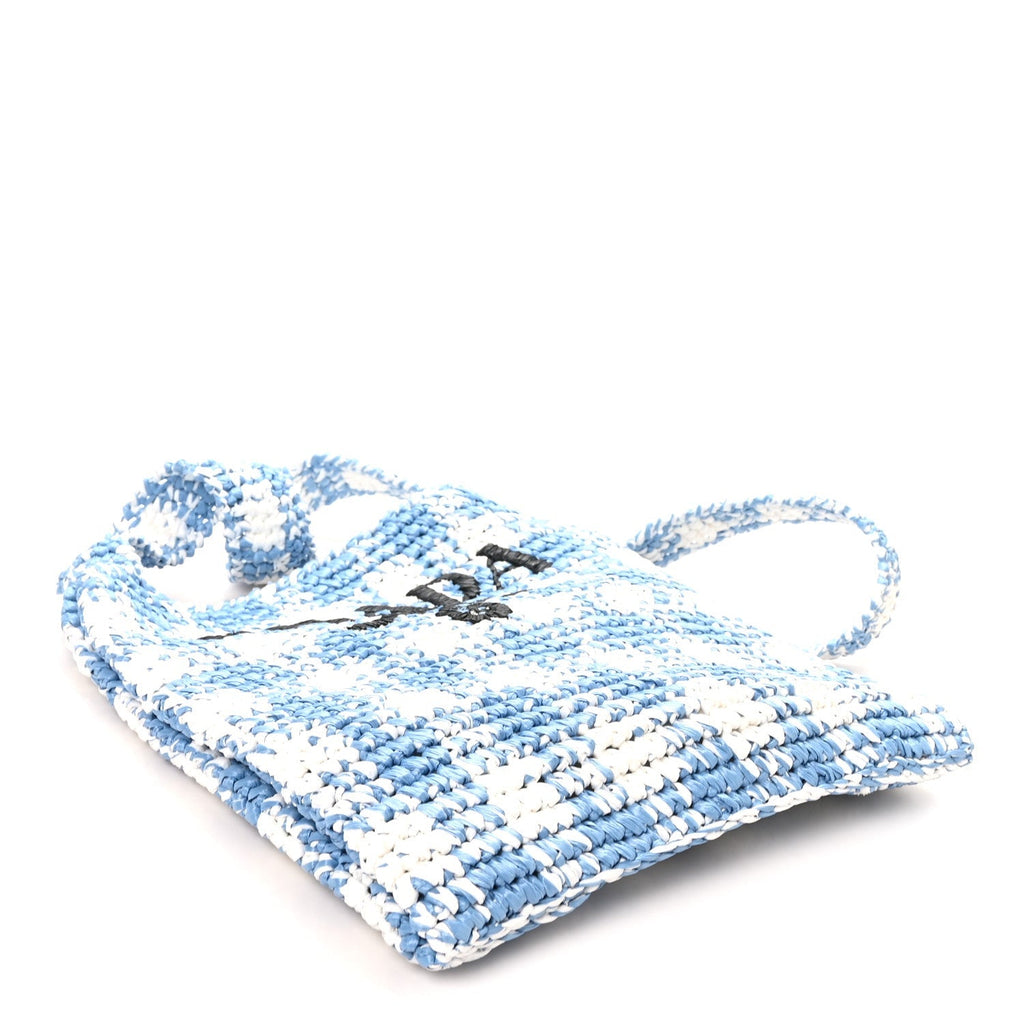 Prada Yarn Raffia Effect Crochet Embroidered Logo Tote Messenger Bag Celeste