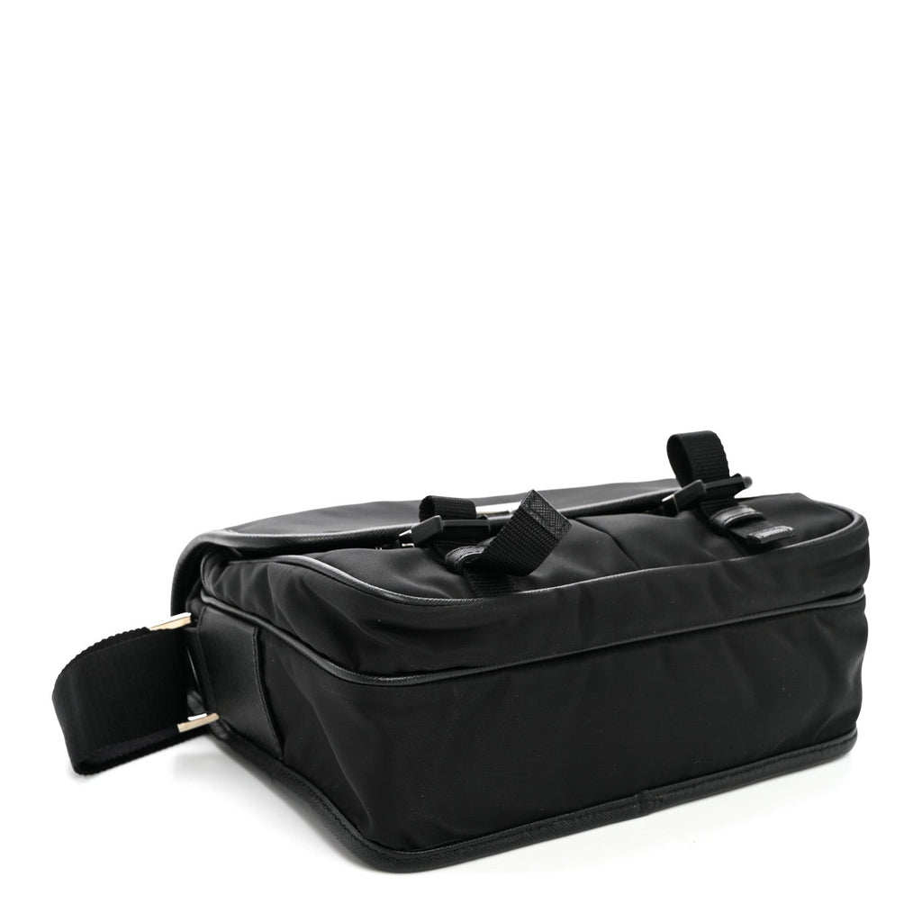 Prada Tessuto Nylon Saffiano Double Snap Buckle Messenger Bag Black