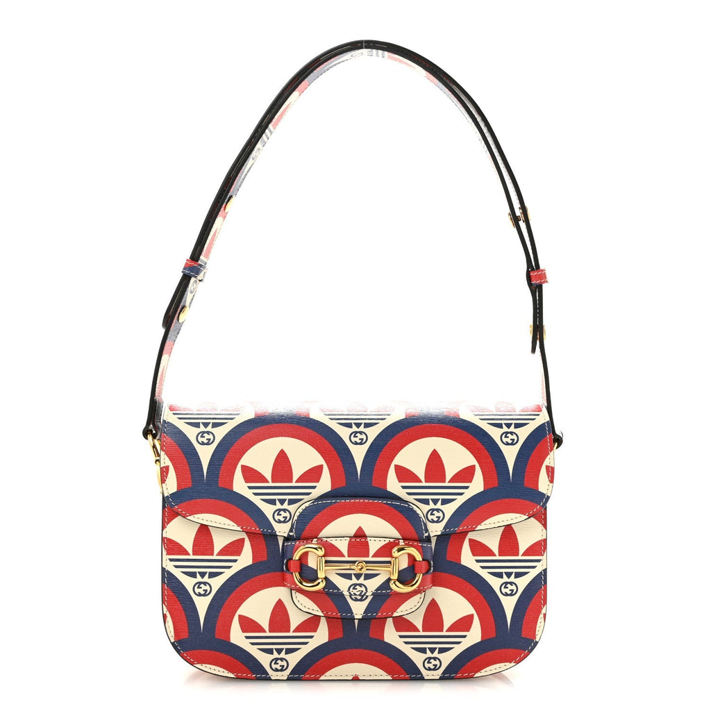 Gucci X ADIDAS Shangai Calfskin Web Trefoil Interlocking G Small Horsebit 1955 Shoulder Bag Red White Blue