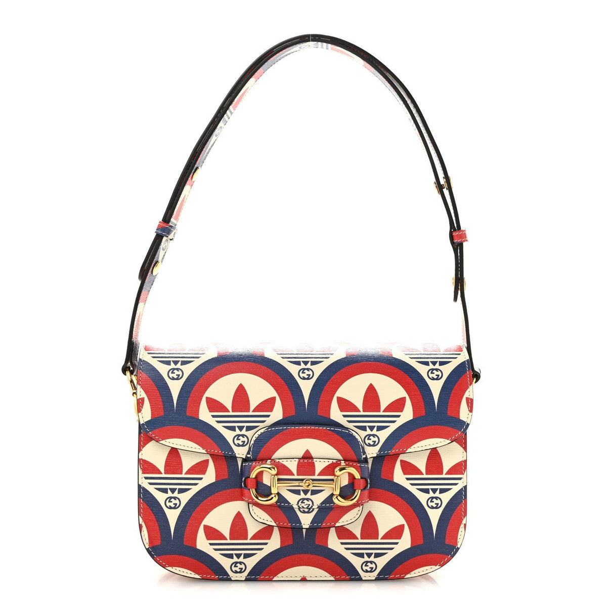 Gucci X ADIDAS Shangai Calfskin Web Trefoil Interlocking G Small Horsebit 1955 Shoulder Bag Red White Blue