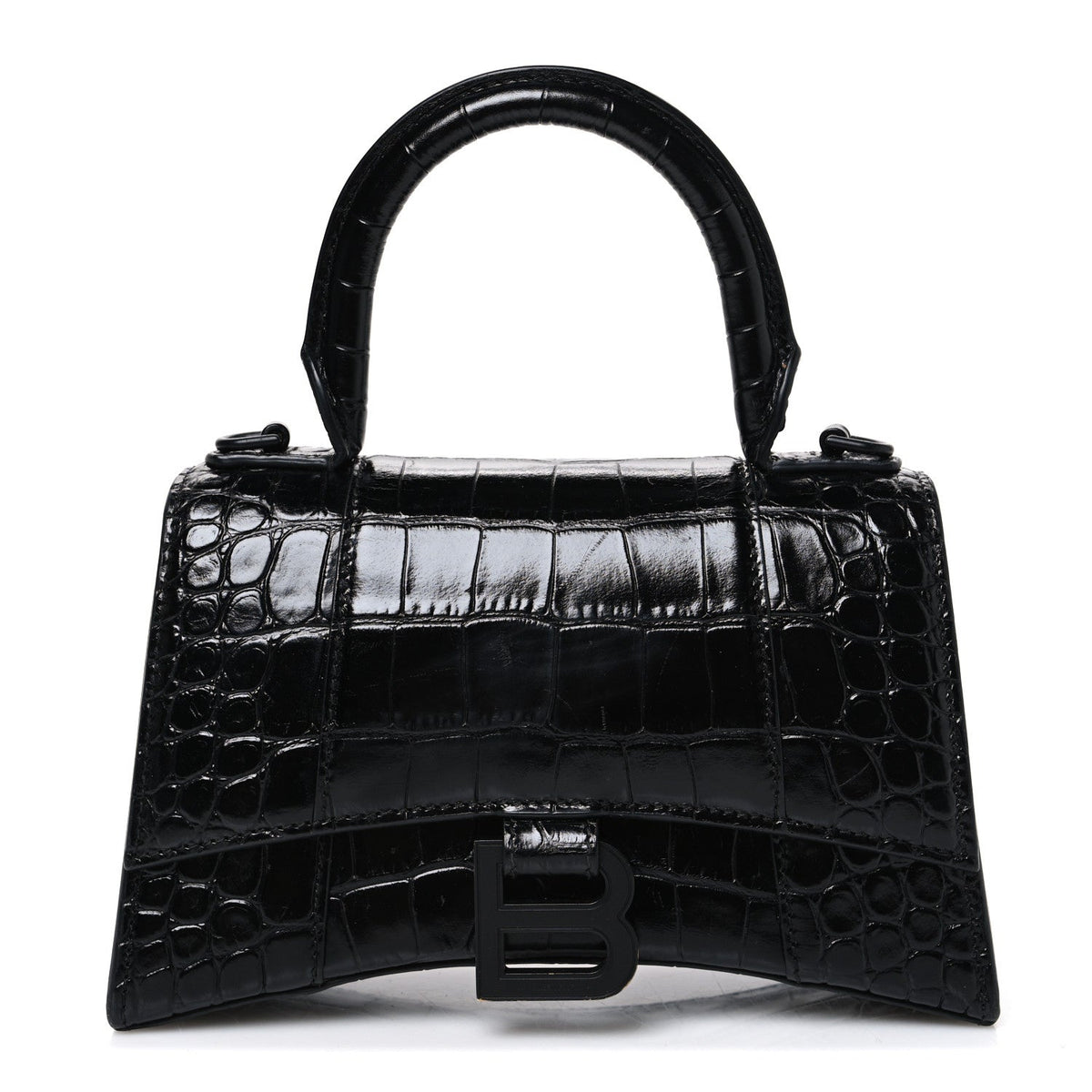 Balenciaga Shiny Calfskin Monochrome Crocodile Embossed Hourglass Top Handle Bag XS Black