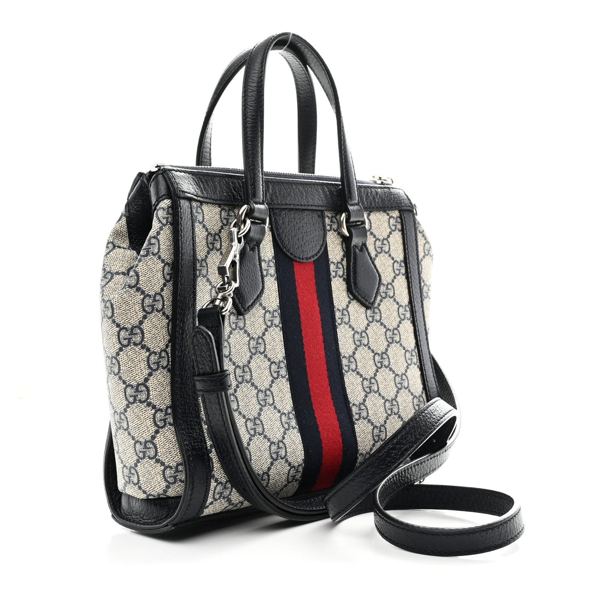 Gucci GG Supreme Monogram Textured Dollar Calfskin Web Small Ophidia Tote Bag Beige Blue