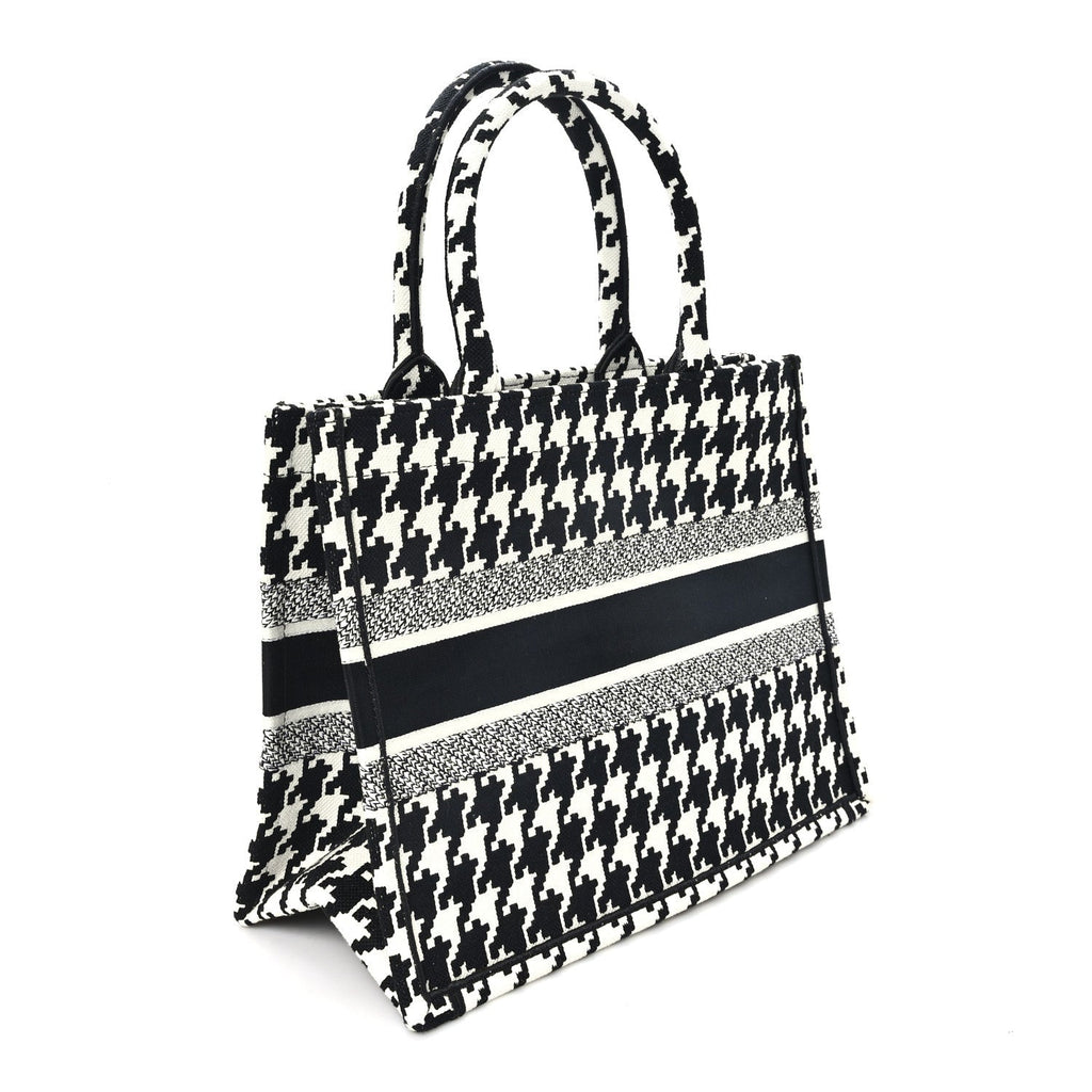 Dior Canvas Macro Houndstooth Embroidered Medium Book Tote Black White