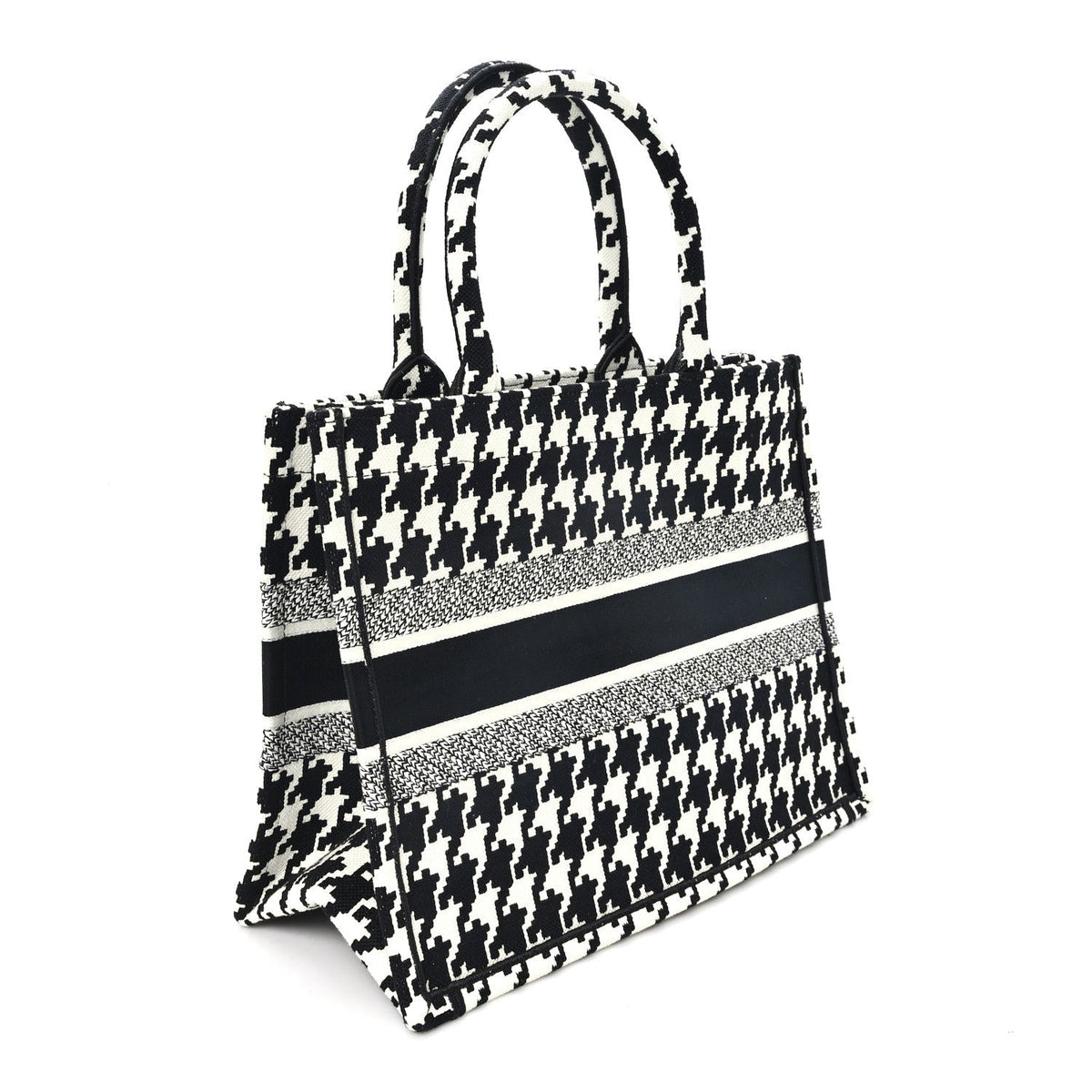 Dior Canvas Macro Houndstooth Embroidered Medium Book Tote Black White