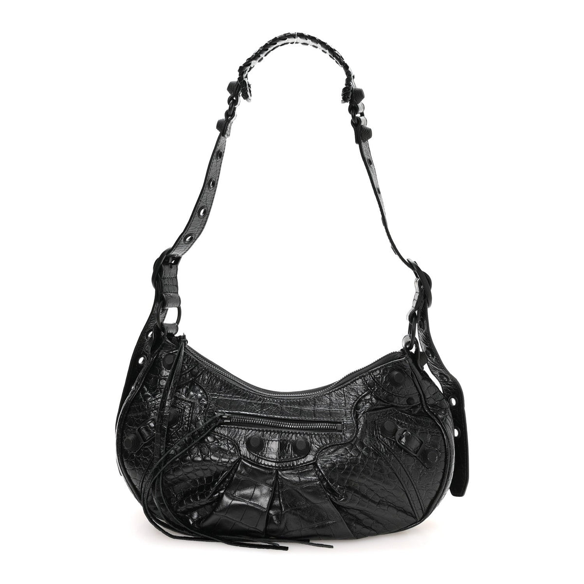 Balenciaga Extra Supple Calfskin Crocodile Embossed Monochrome Small Le Cagole Shoulder Bag Black