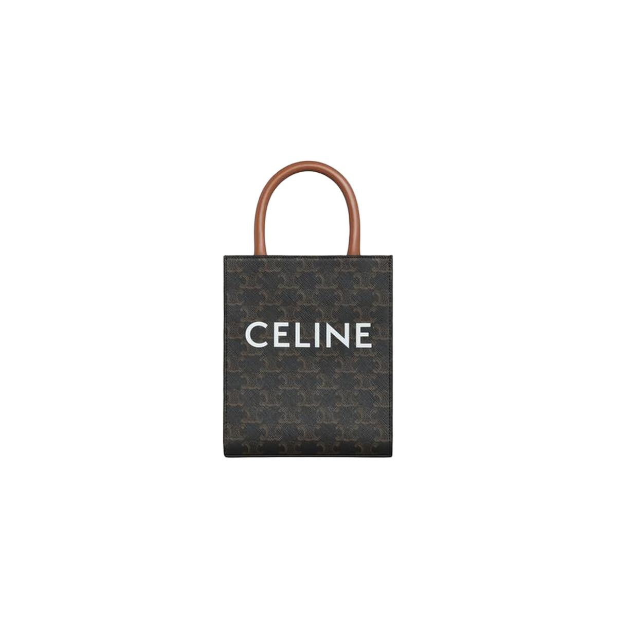 Celine Mini Vertical Cabas in Triomphe Canvas with CELINE print tan calfskin handles - front view