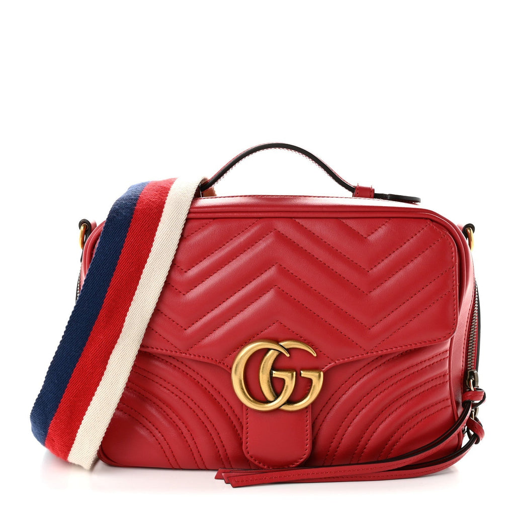 Gucci Calfskin Matelasse Sylvie Web Small GG Marmont Top Handle Shoulder Bag Hibiscus Red