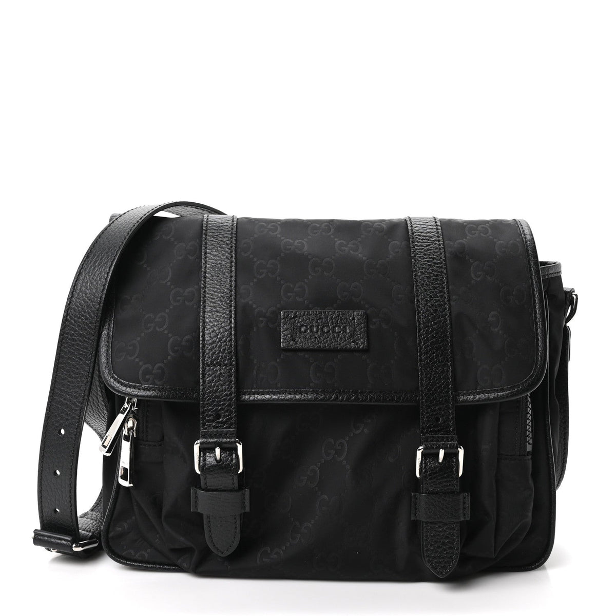 Gucci Nylon Monogram Double Buckle Flap Messenger Bag Black
