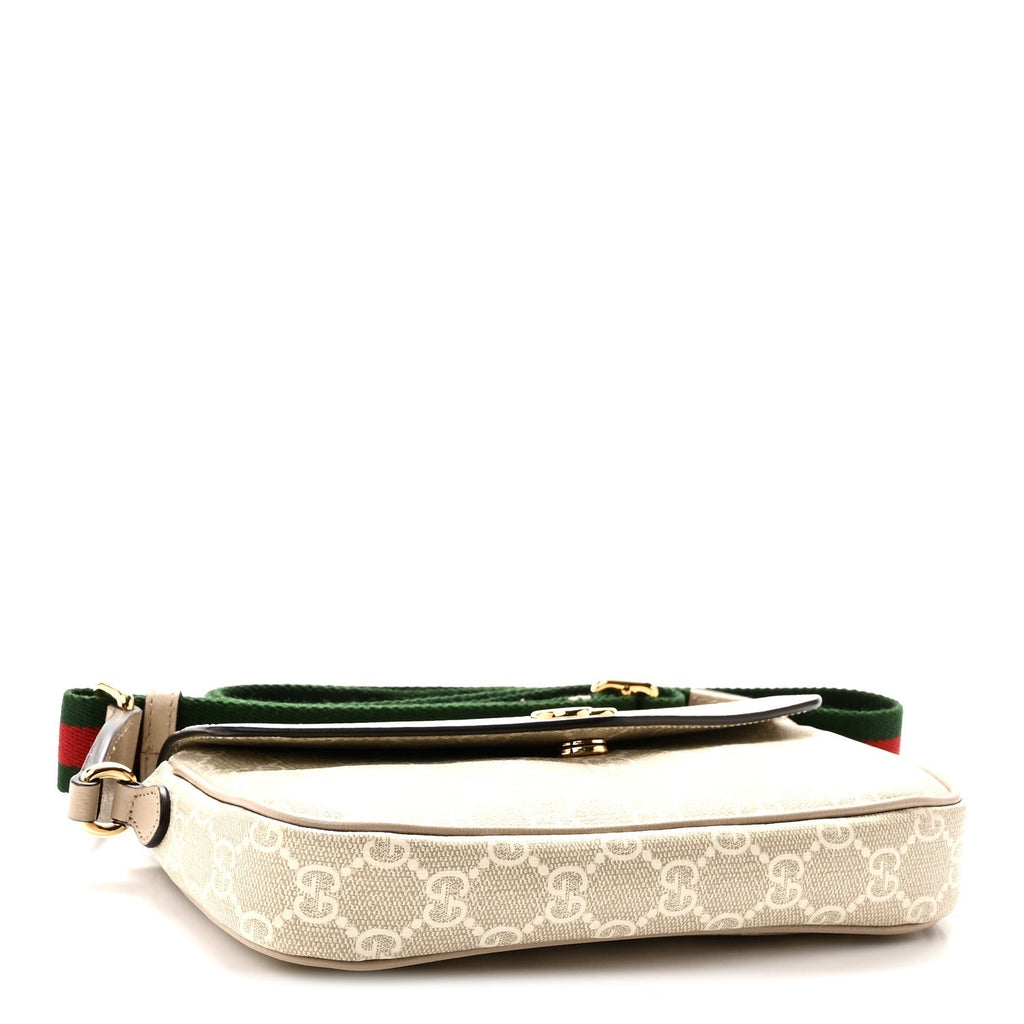 Gucci GG Supreme Monogram Textured Dollar Calfskin Web Mini Ophidia Envelope Shoulder Bag Beige Mystic White Oatmeal