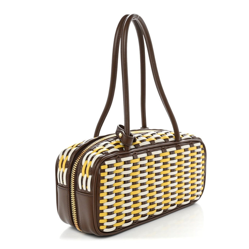 Miu Miu Woven Calfskin Small Beau Top Handle Bag Acero Sole Talco