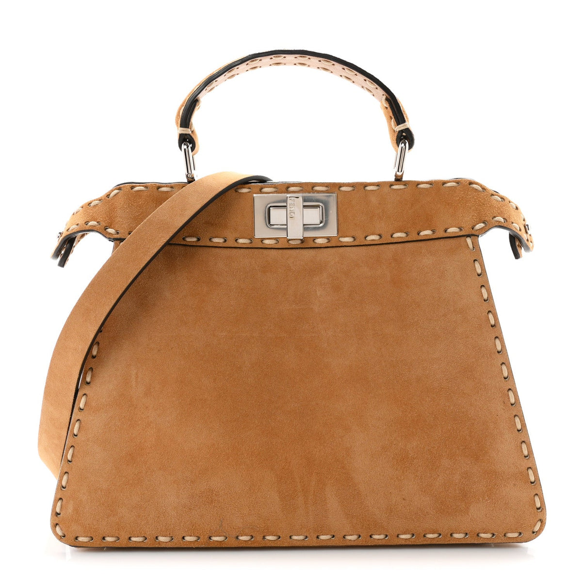 Fendi Suede Macro Stitchings Small Peekaboo Iconic Satchel Marrone