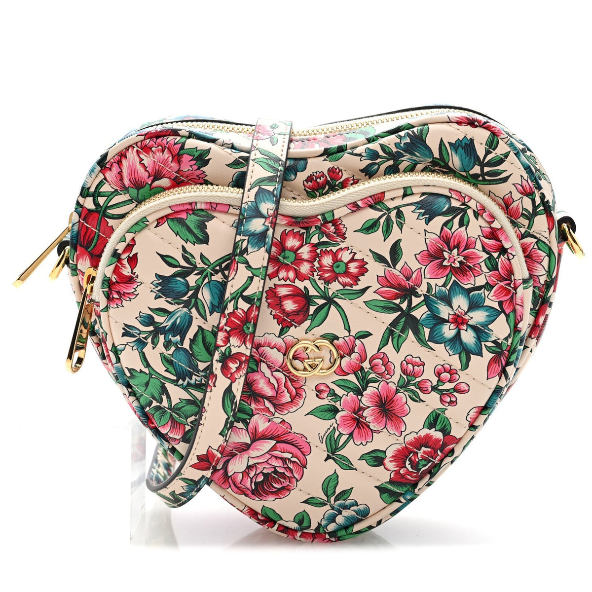 Gucci Calfskin Brit Roses Print Matelasse Diagonal Mini Interlocking G Heart Shoulder Bag Multicolor Multicolor