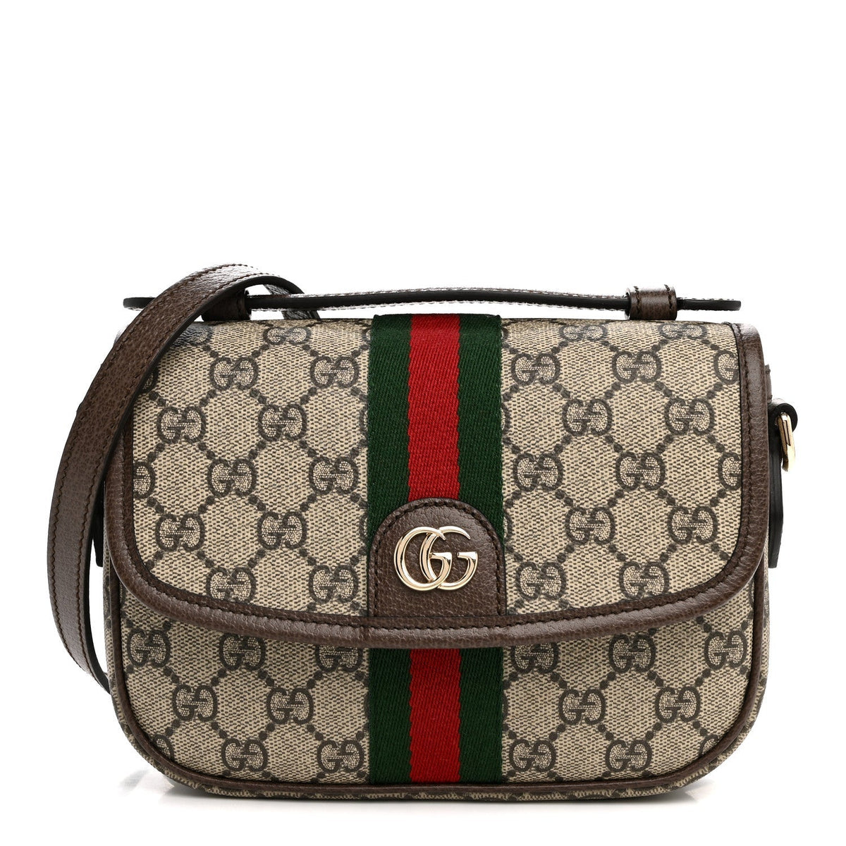 Gucci GG Supreme Monogram Textured Dollar Calfskin Small Ophidia Top Handle Shoulder Bag Beige Brown