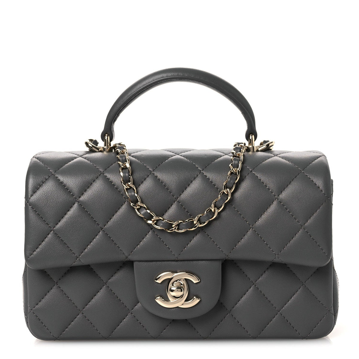 Chanel Lambskin Quilted Mini Top Handle Rectangular Flap Dark Grey