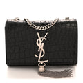 Saint Laurent Calfskin Crocodile Embossed Small Classic Monogram Kate Tassel Satchel Black