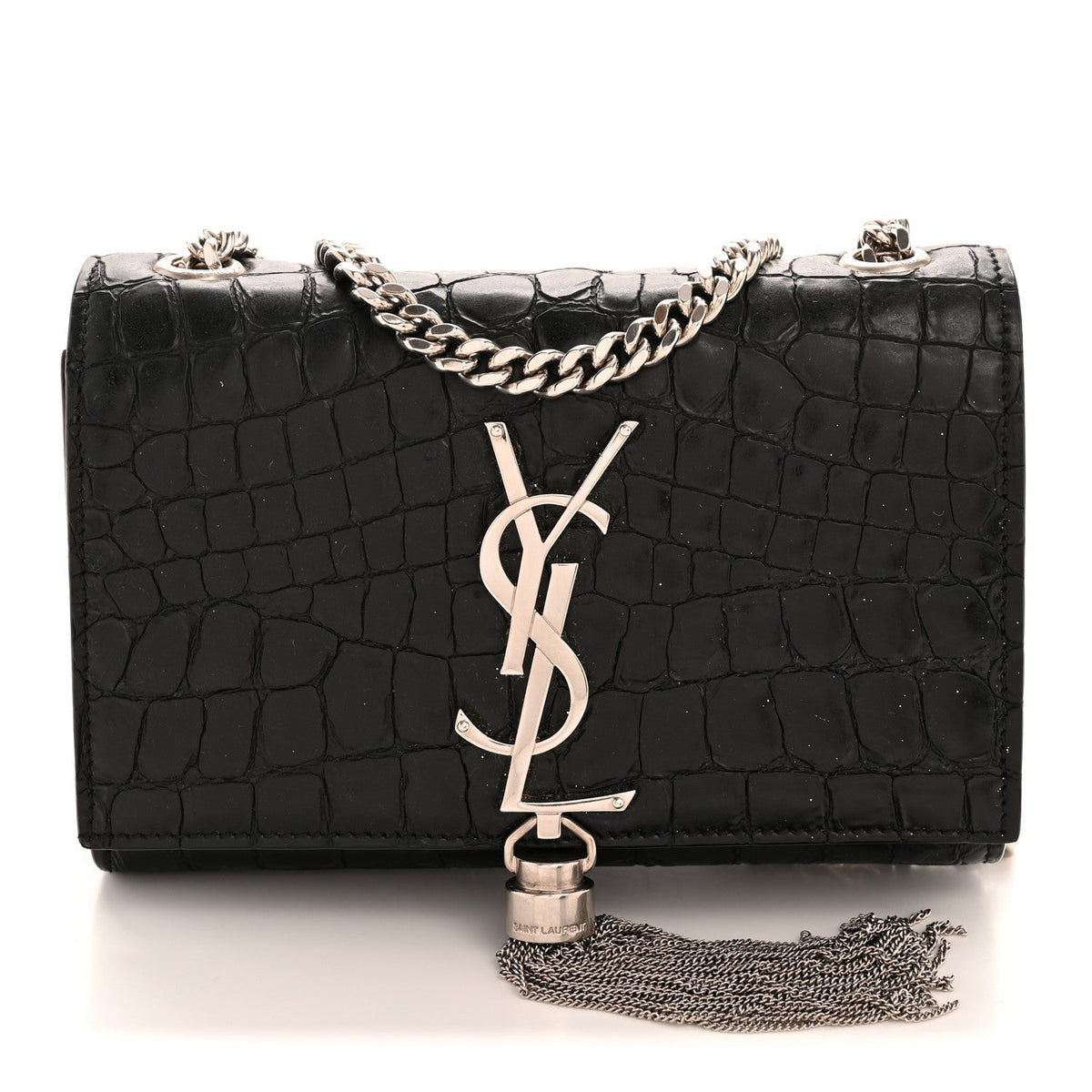 Saint Laurent Calfskin Crocodile Embossed Small Classic Monogram Kate Tassel Satchel Black