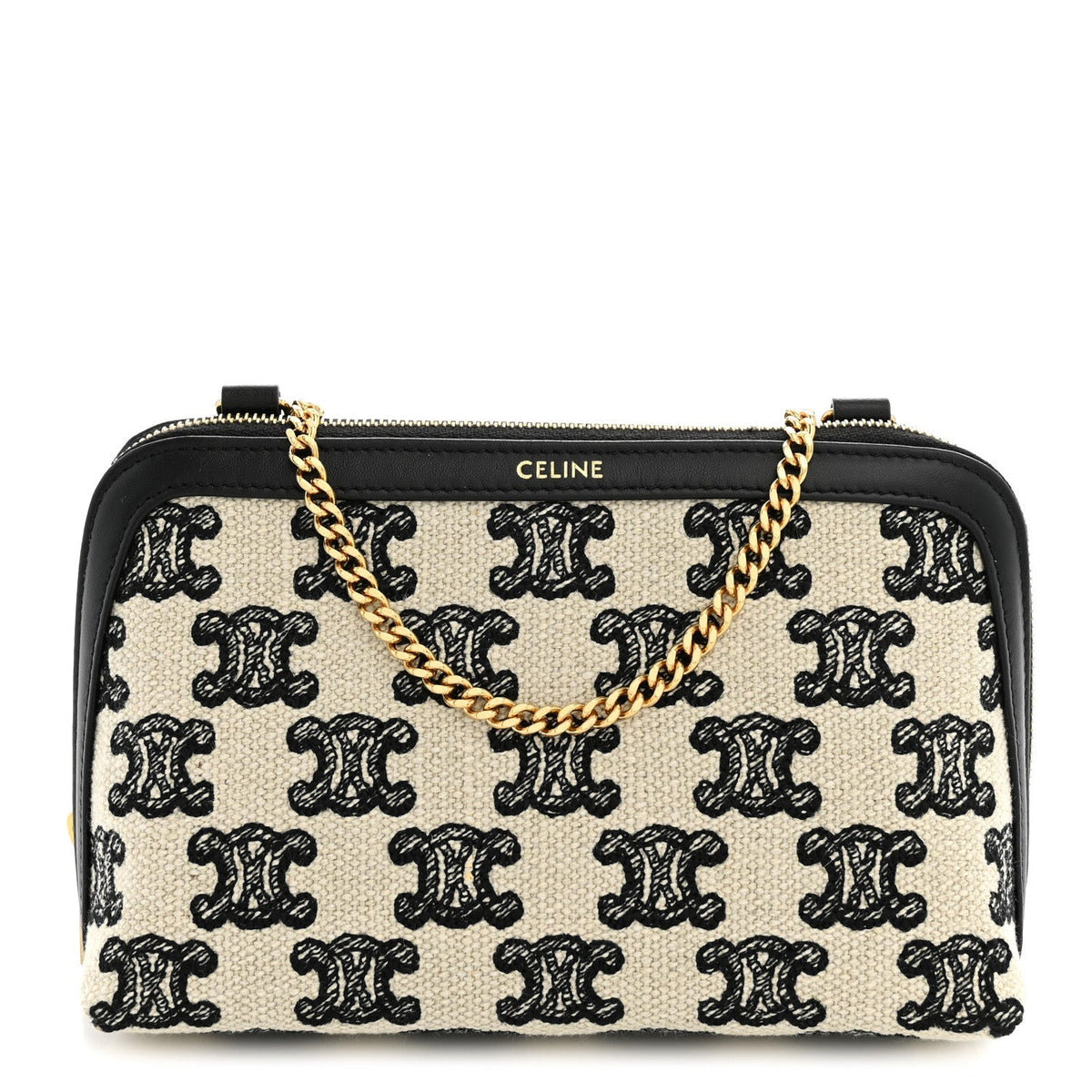 Celine Canvas Calfskin Triomphe Embroidered Clutch On Chain Black