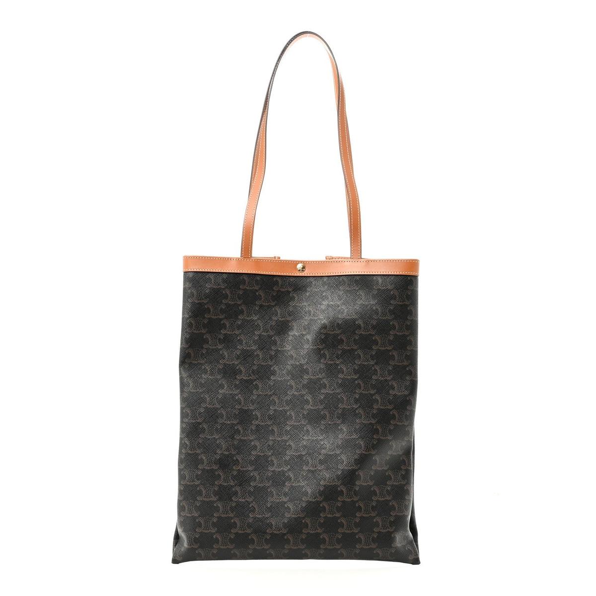 Front view — Celine Vertical Triomphe Canvas Flat Tote dark Triomphe canvas tan handles