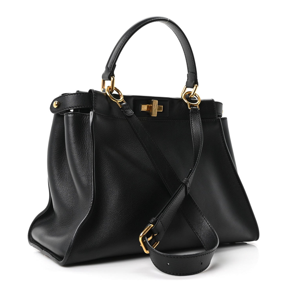 Fendi Vitello Seta Shiny Nappa Medium Peekaboo Iconic Satchel Black