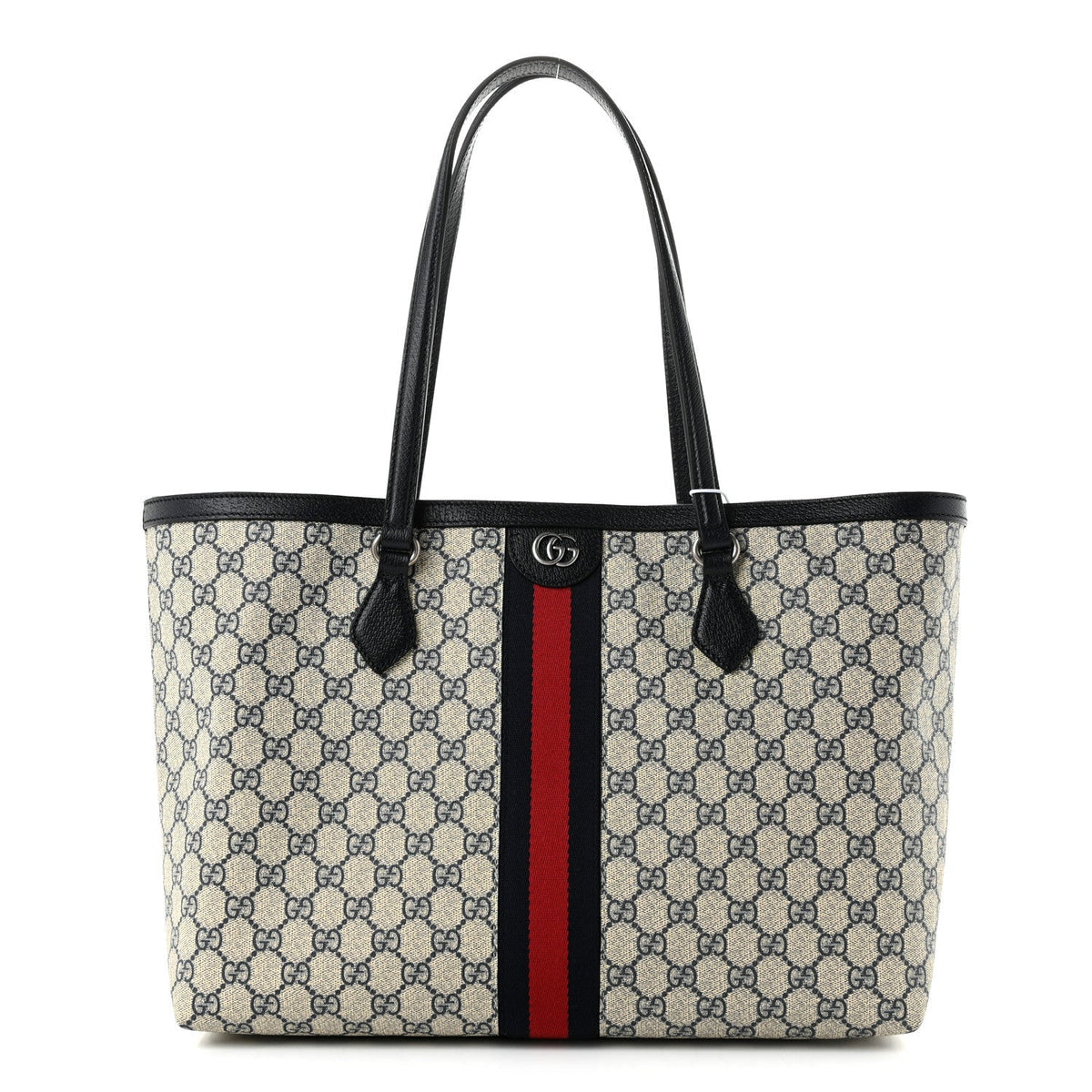 Gucci GG Supreme Monogram Textured Calfskin Web Medium Ophidia Shopping Tote Beige Blue