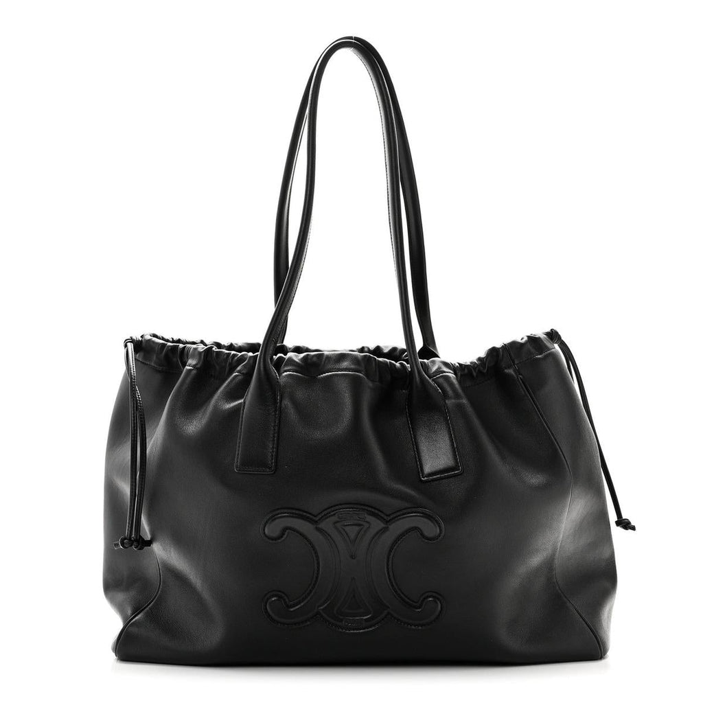 Front view — Celine Compact Tote in Cuir Triomphe, black embossed leather with drawstring
