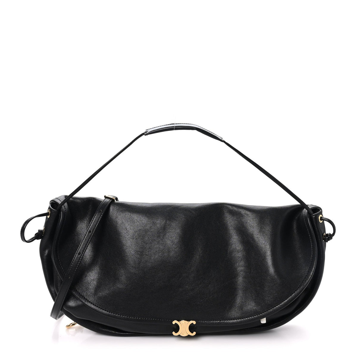 Celine Shiny Lambskin Soft Triomphe Half Moon Bag Black